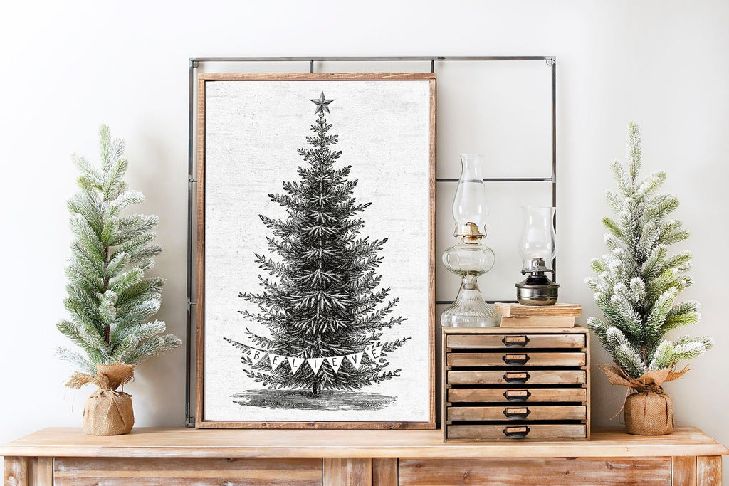 Believe Banner Christmas Tree Vintage Illustration - Lettered & Lined