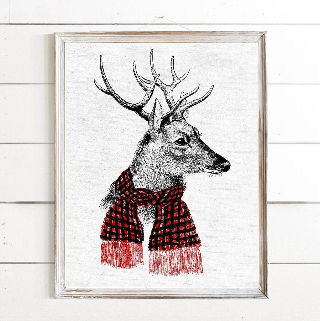 Reindeer with Buffalo Check Scarf Illustration Print