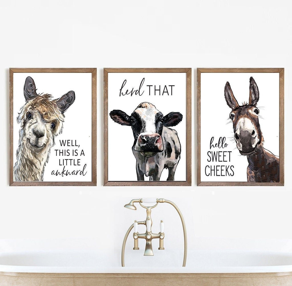 Set of 3 Llama, Cow, & Donkey Watercolor - Lettered & Lined