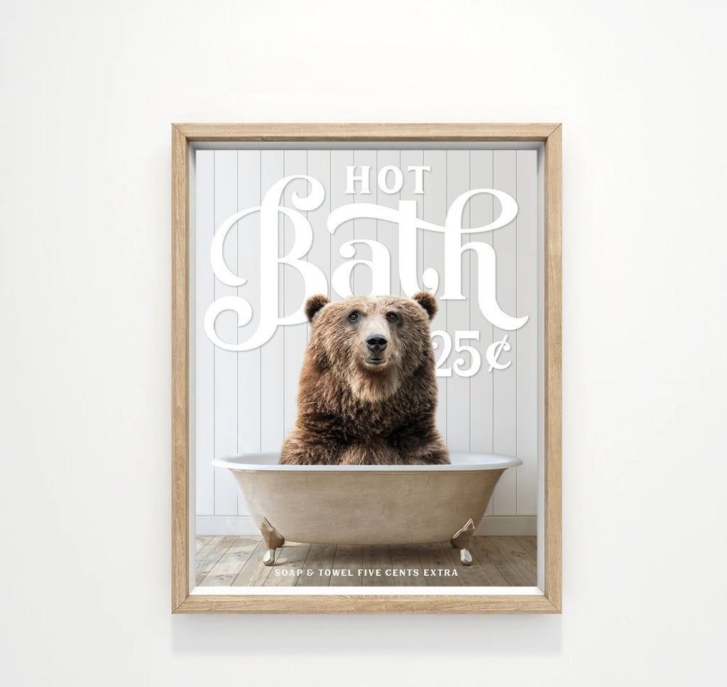 Brown Bear Hot Bath 25 Cents Bathroom Wall Art Decor | Funny Bathroom Print | Cow Wall Art | Funny Bathroom Decor | Animal Wall Art
