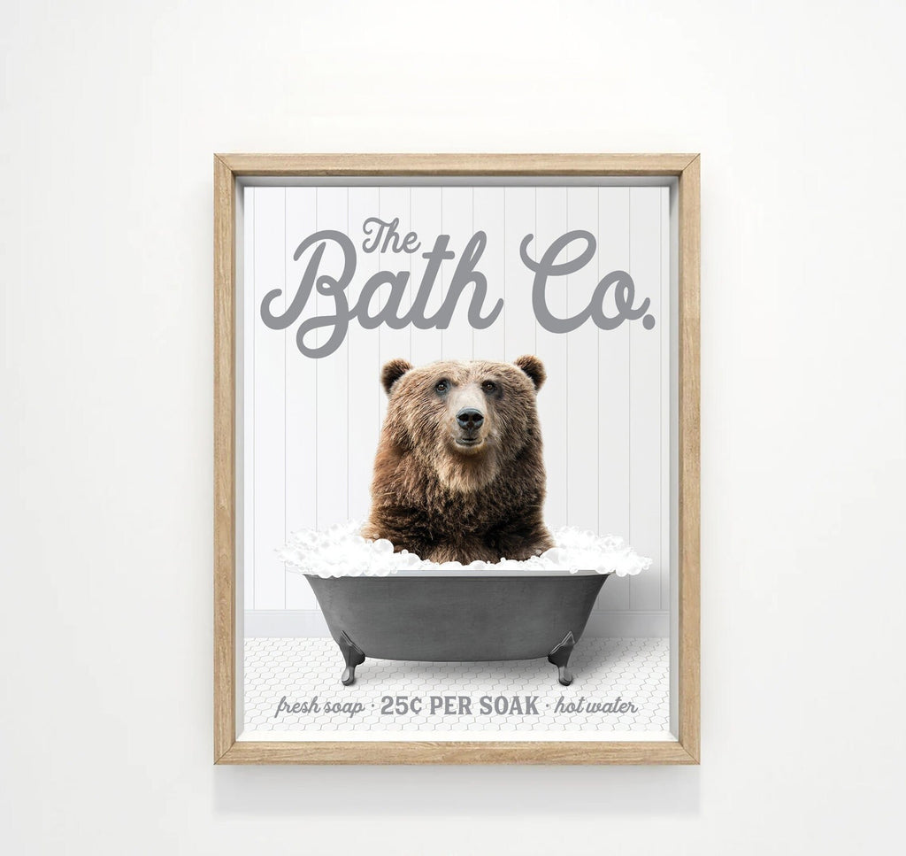 Brown Bear The Bath Co Black Tub Bathroom Wall Art Decor | Funny Bathroom Print | Cow Wall Art | Funny Bathroom Decor | Animal Wall Art