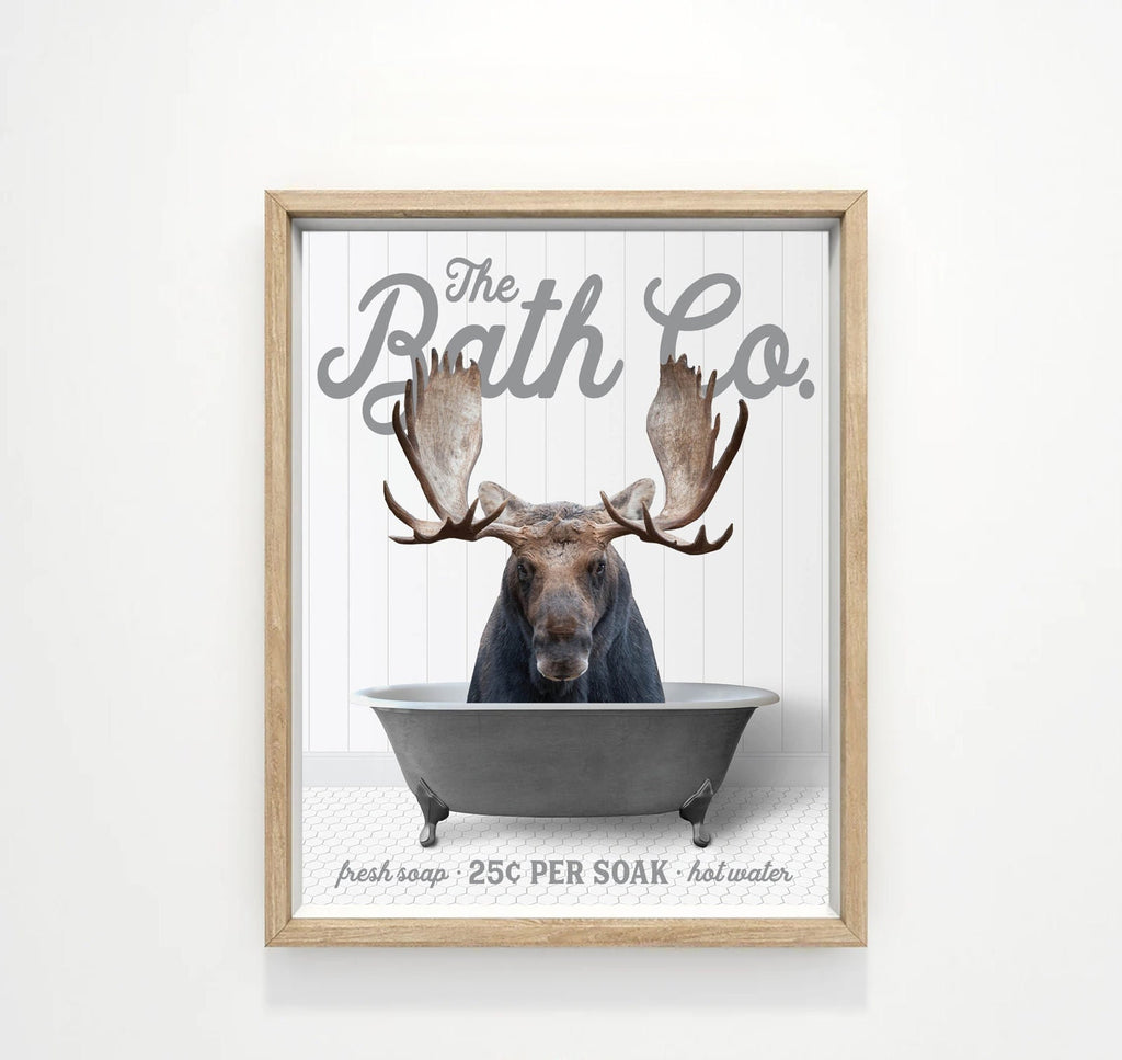 Moose The Bath Co Black Tub Bathroom Custom Wall Art Decor | Funny Bathroom Print | Cow Wall Art | Funny Bathroom Decor | Animal Wall Art