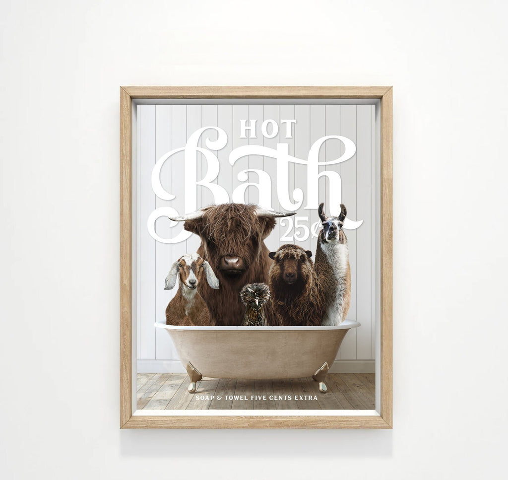 Animal Gang Hot Bath 25 Cents Bathroom Wall Art Decor | Funny Bathroom Print | Cow Wall Art | Funny Bathroom Decor | Animal Wall Art