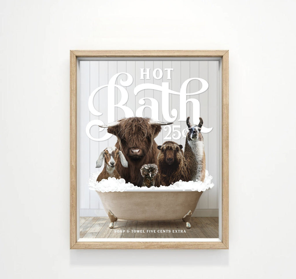 Animal Gang Hot Bath 25 Cents Bathroom Wall Art Decor | Funny Bathroom Print | Cow Wall Art | Funny Bathroom Decor | Animal Wall Art