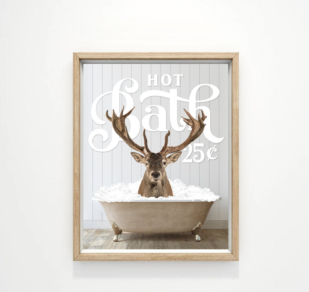 Deer Hot Bath 25 Cents Wood Floor in Tub Bathroom Wall Art Decor | Custom Farmhouse Animals Bathroom Art | Bathtub Animal | Funny Bathroom