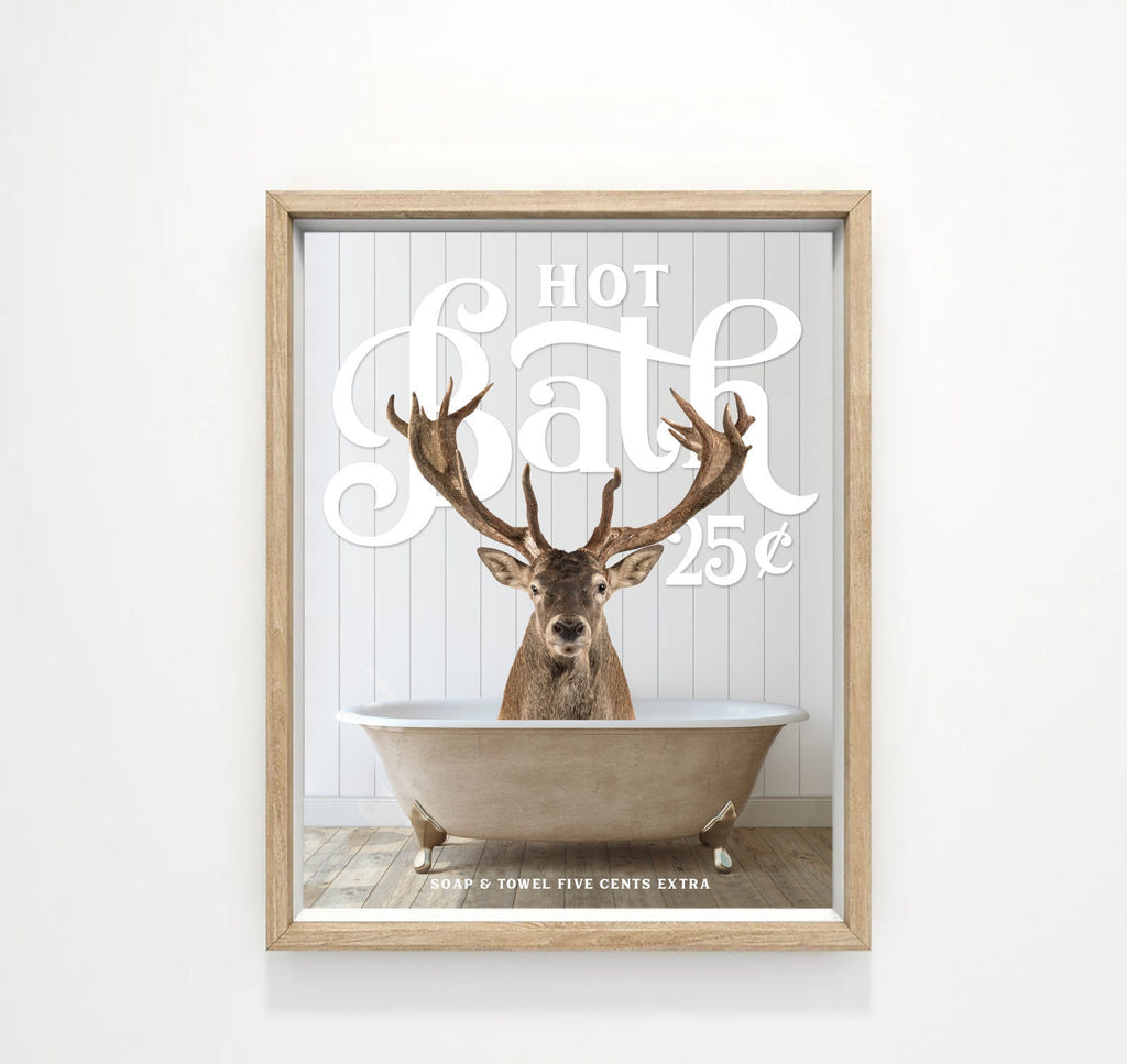 Deer Hot Bath 25 Cents Wood Floor in Tub Bathroom Wall Art Decor | Custom Farmhouse Animals Bathroom Art | Bathtub Animal | Funny Bathroom