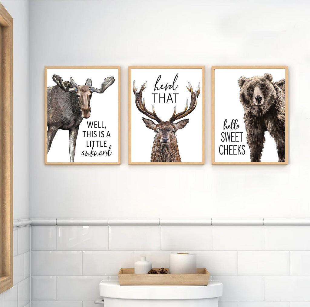 Set of 3 Bathroom Prints: Funny Moose, Bear & Deer - Lettered & Lined