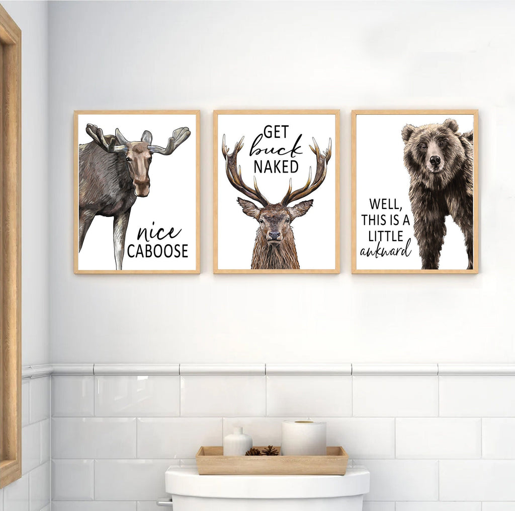 Set of 3 Bathroom Prints: Cheeky Moose, Bear & Deer - Lettered & Lined