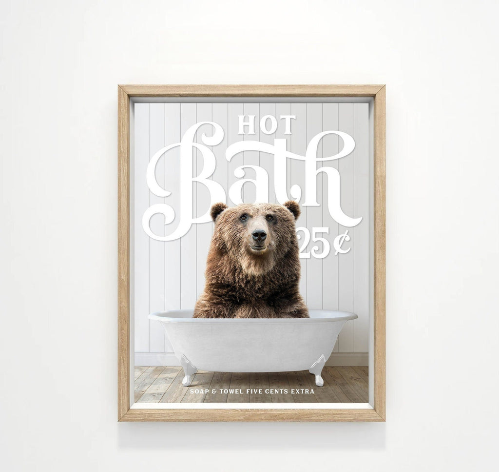 Brown Bear Hot Bath 25 Cents Bathroom Wall Art Decor | Funny Bathroom Print | Cow Wall Art | Funny Bathroom Decor | Animal Wall Art