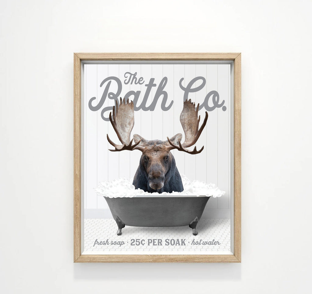 Moose The Bath Co Black Tub Bathroom Custom Wall Art Decor | Funny Bathroom Print | Cow Wall Art | Funny Bathroom Decor | Animal Wall Art
