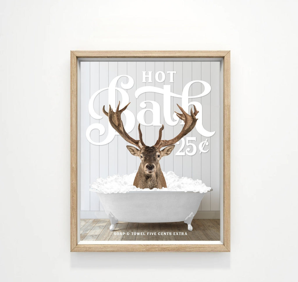 Deer Hot Bath 25 Cents Wood Floor in Tub Bathroom Wall Art Decor | Custom Farmhouse Animals Bathroom Art | Bathtub Animal | Funny Bathroom