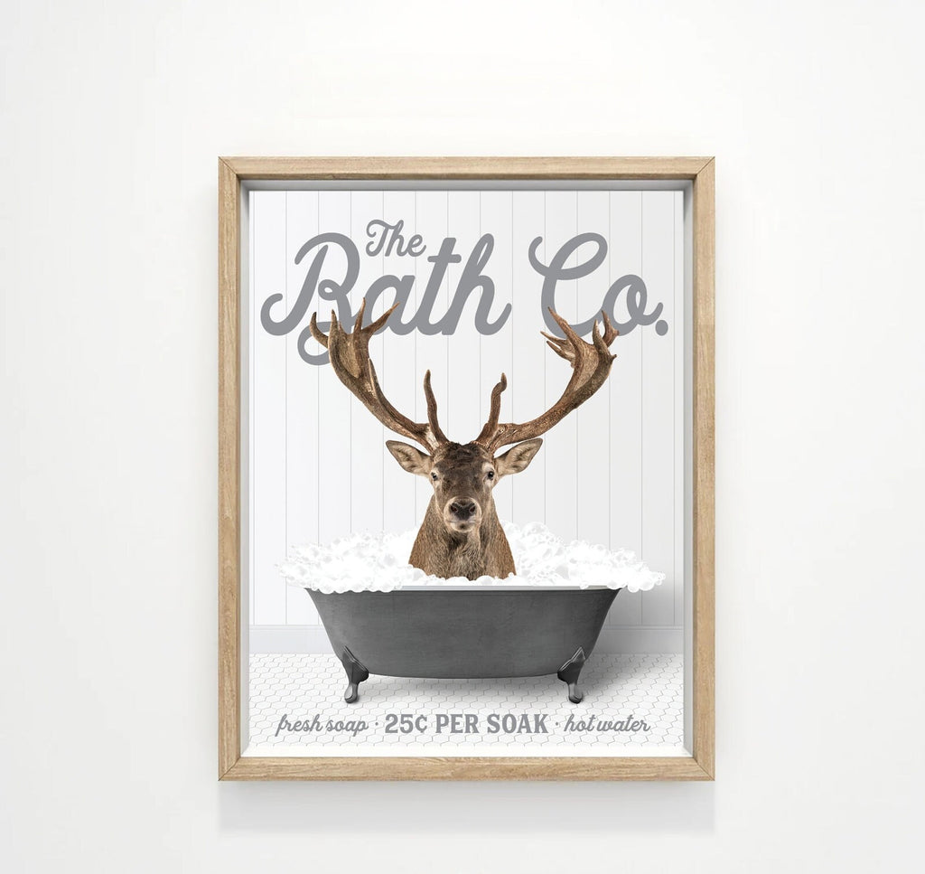Deer The Bath Co Black Tub Custom Bathroom Wall Art Decor | Farmhouse Animals Bathroom Art | Bathtub Animal | Funny Bathroom  | Deer Decor