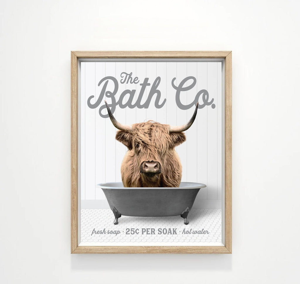 Highland Cow The Bath Co Black Tub Custom Bathroom Wall Art | Funny Bathroom Print | Cow Wall Art | Funny Bathroom Decor | Animal Wall Art
