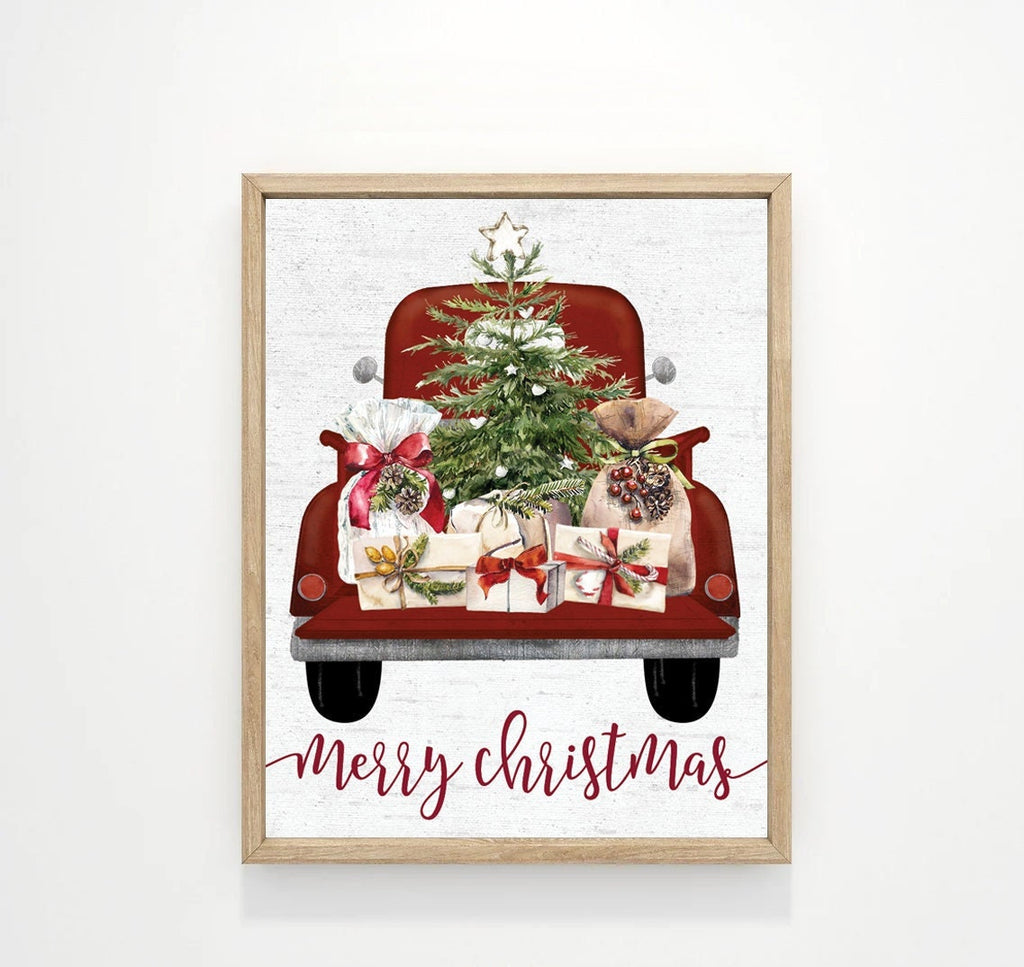 Merry Christmas Festive Red Truck Tree Presents