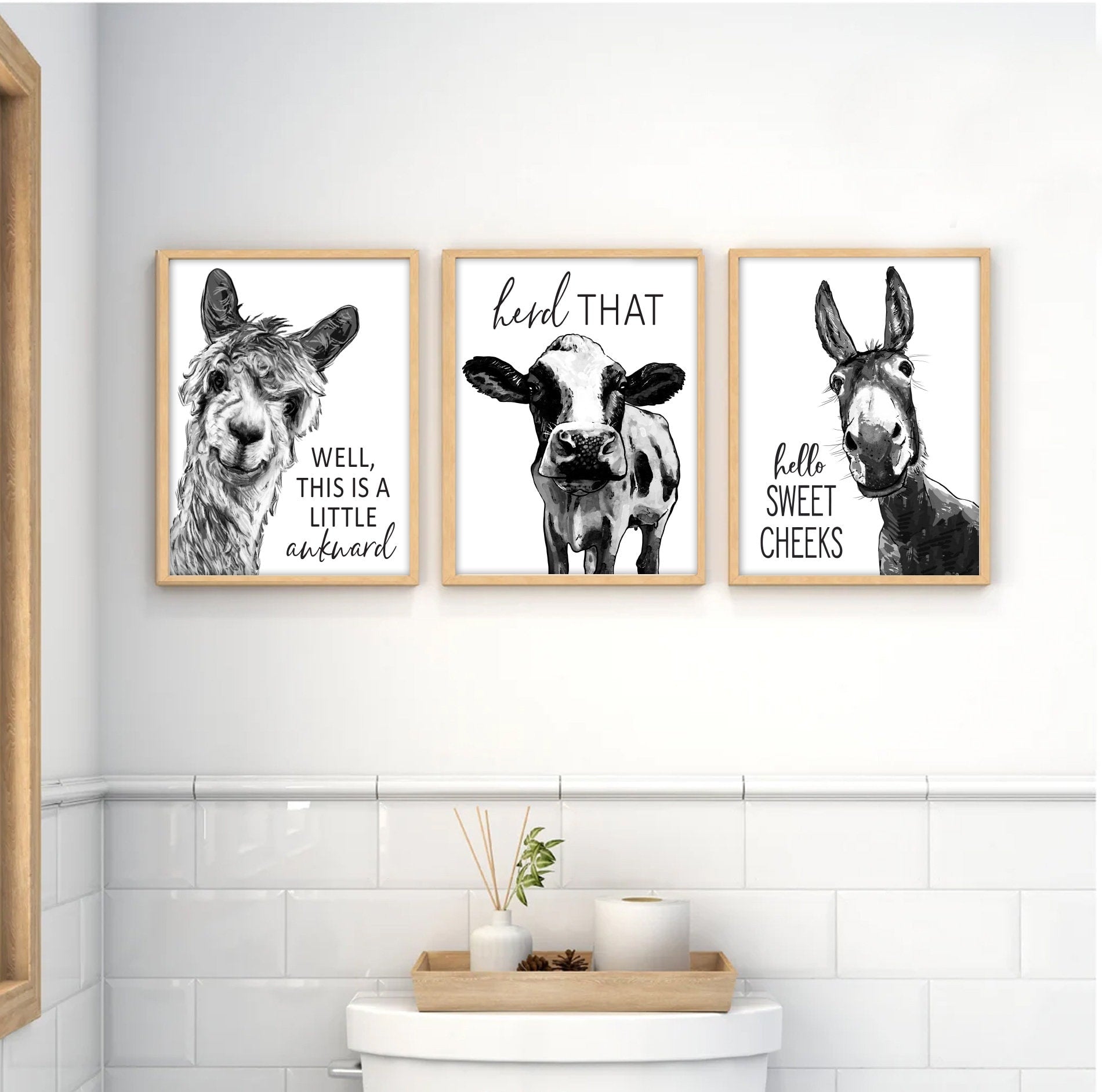 Set of 3 Custom Bathroom Art: Black and White Llama, Cow, & Donkey – Lettered & Lined set-of-3-custom-bathroom-art-black-and-white-llama-cow-donkey-lettered-lined