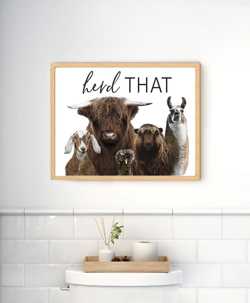 Animal Gang Herd That Horiz Custom Bathroom Wall Art Decor | Highland Cow Sheep Goat Llama Chicken Farm Farmhouse Funny Bathroom Sign