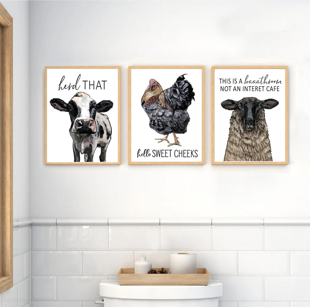 Set of 3 Custom Bathroom Art: Cow, Chicken, Dark Sheep Farm Animals Bathroom Wall Decor | Farmhouse Bathroom | Humor Funny Bathroom Sign