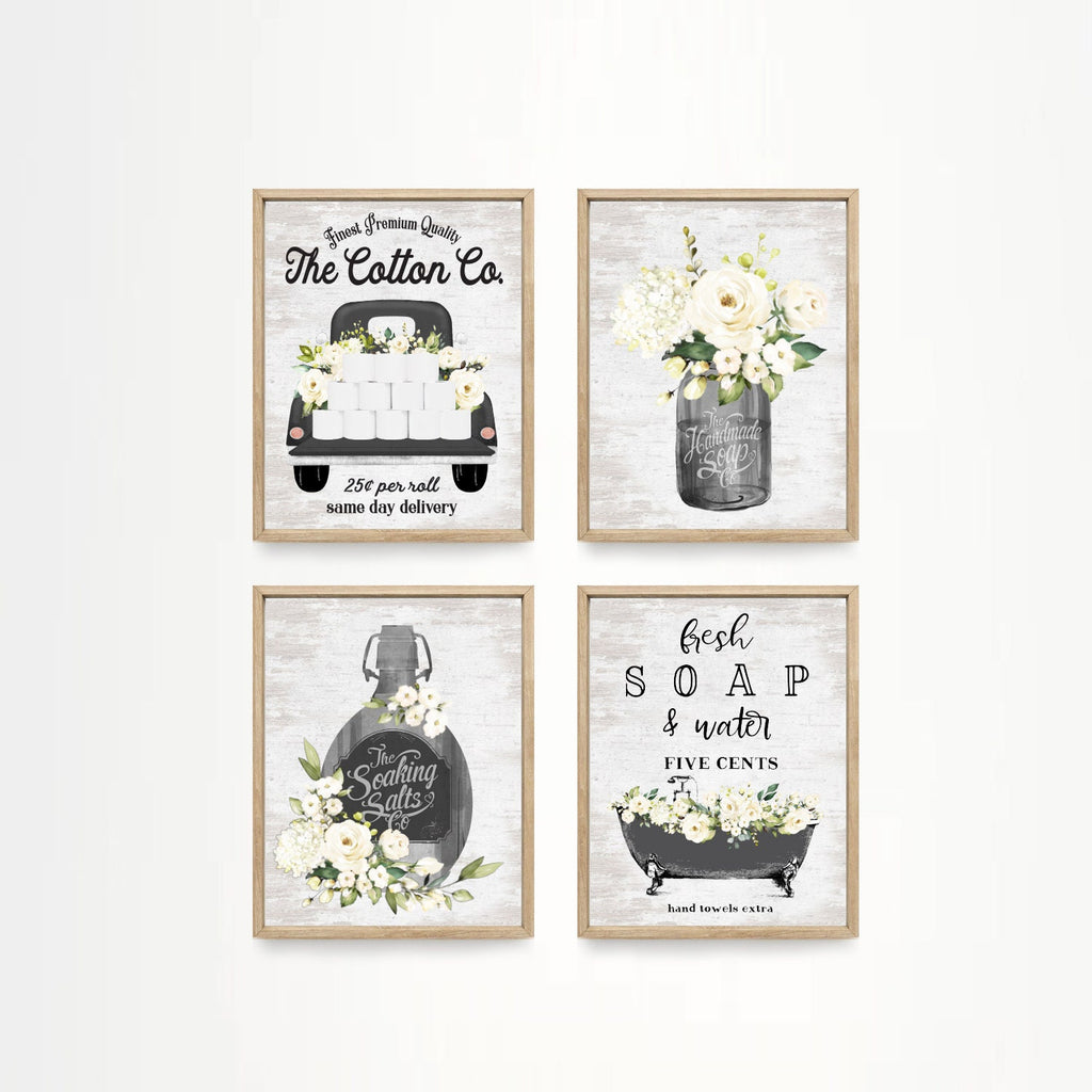 Set of 4 Black & White Bathroom Wall Art: The Cotton Co Truck | Custom Bathroom Wall Decor | Farmhouse Bathroom Decor | Bathroom Signs