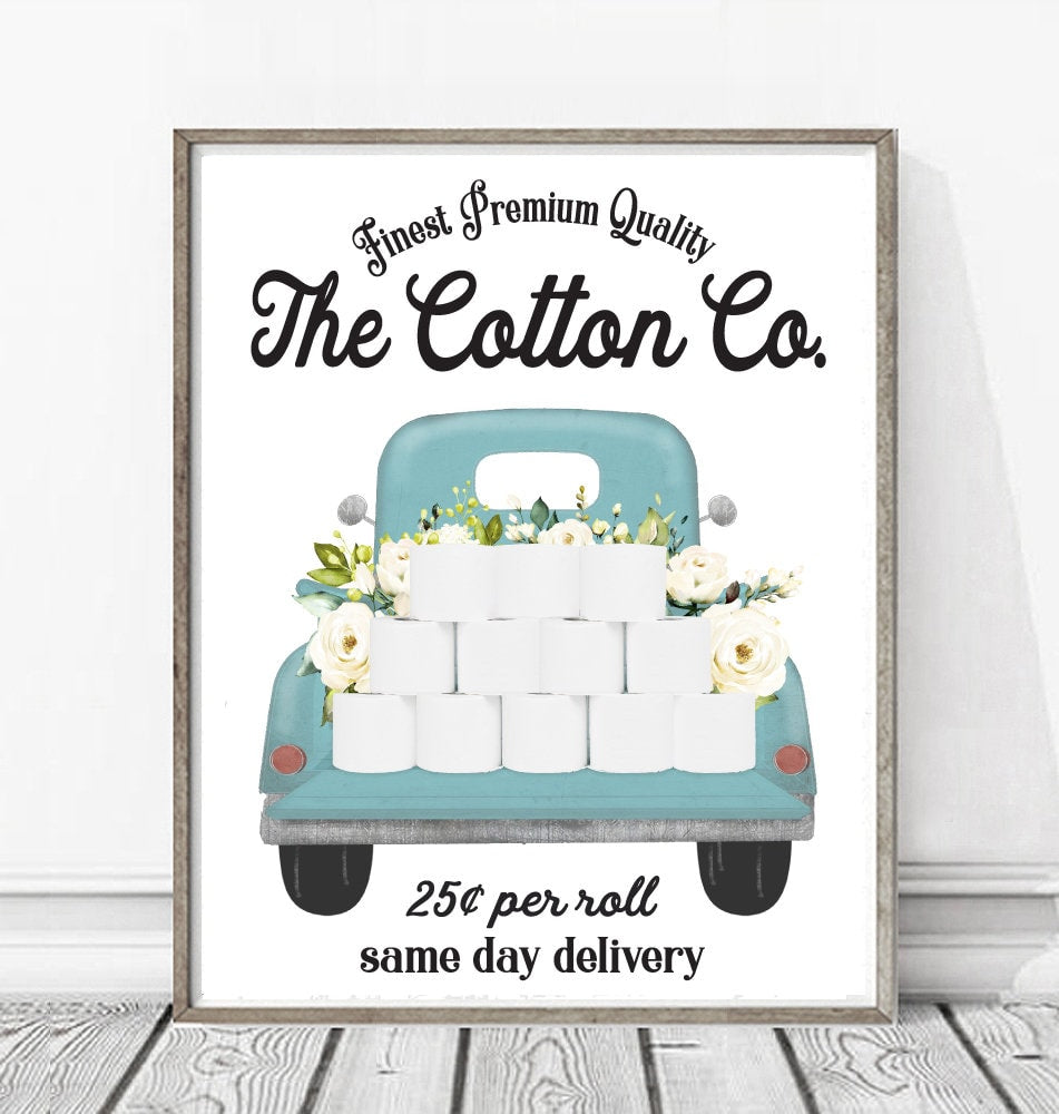 Set of 4 BLUE Bathroom Wall Art: The Cotton Co Truck | Custom Bathroom Wall Decor | Farmhouse Bathroom Decor | Bathroom Signs