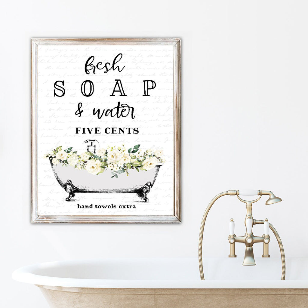 Set of 4 WHITE Floral Bathroom Wall Art: The Cotton Co Truck | Custom Bathroom Wall Decor | Farmhouse Bathroom Decor | Bathroom Signs