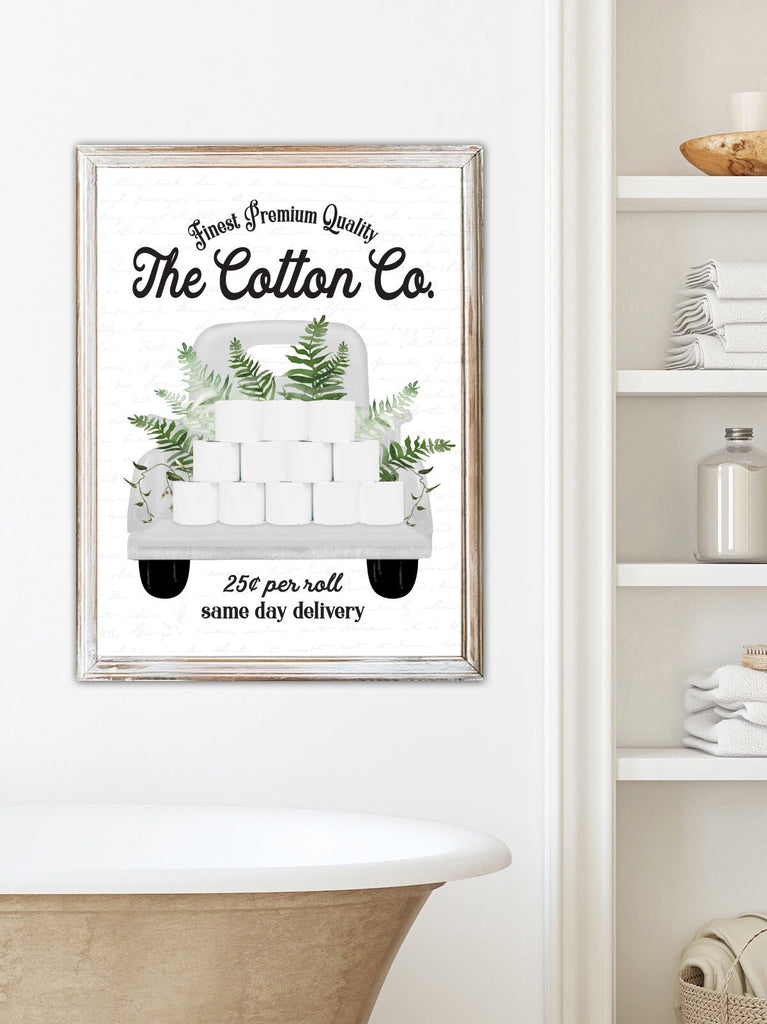 Set of 4 WHITE Greenery Bathroom Wall Art: The Cotton Co Truck | Custom Bathroom Wall Decor | Farmhouse Bathroom Decor | Bathroom Signs