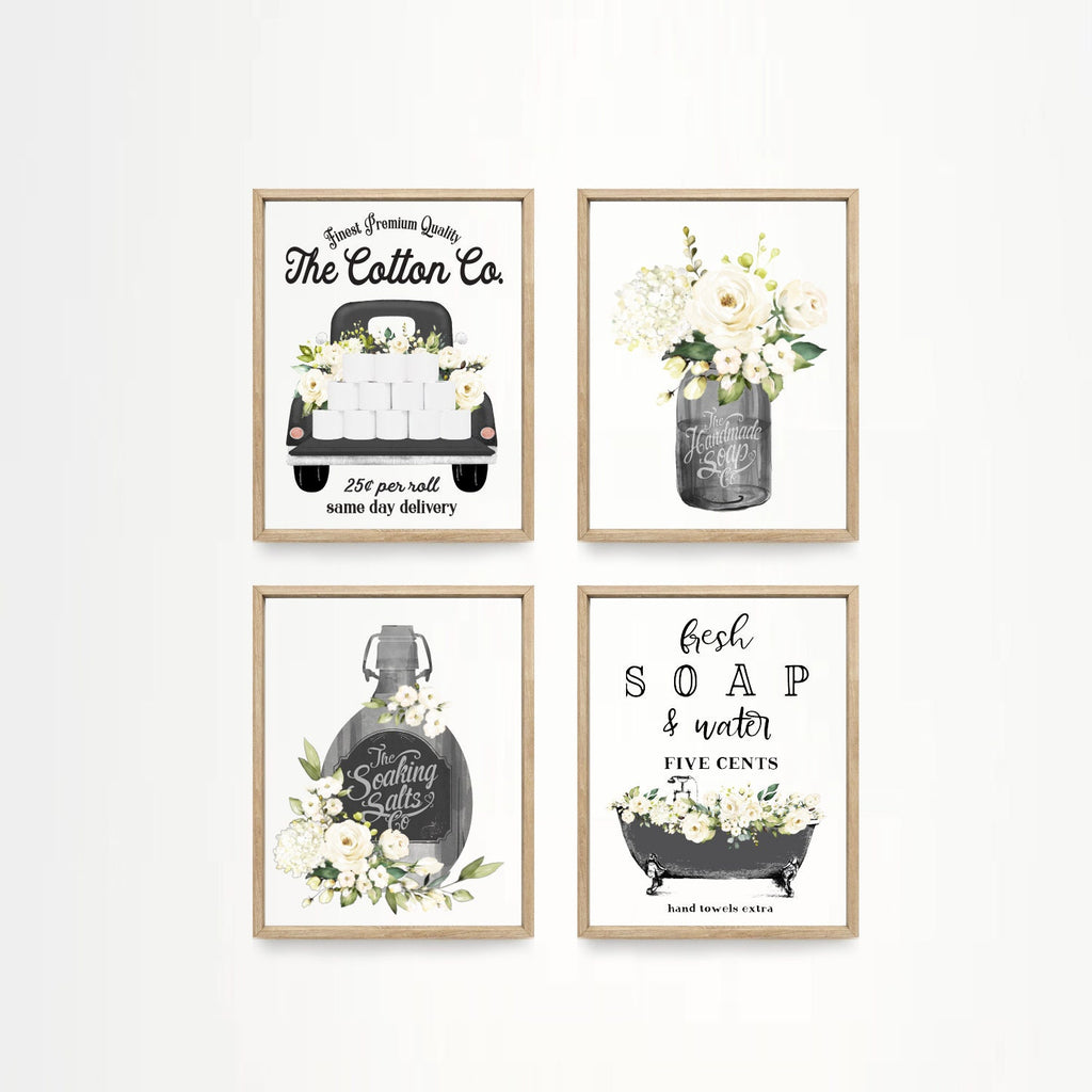 Set of 4 Black & White Bathroom Wall Art: The Cotton Co Truck | Custom Bathroom Wall Decor | Farmhouse Bathroom Decor | Bathroom Signs
