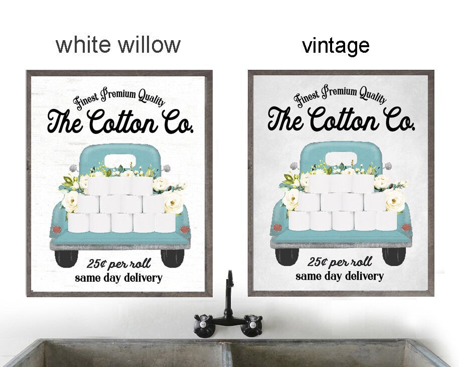 Set of 4 BLUE Bathroom Wall Art: The Cotton Co Truck | Custom Bathroom Wall Decor | Farmhouse Bathroom Decor | Bathroom Signs