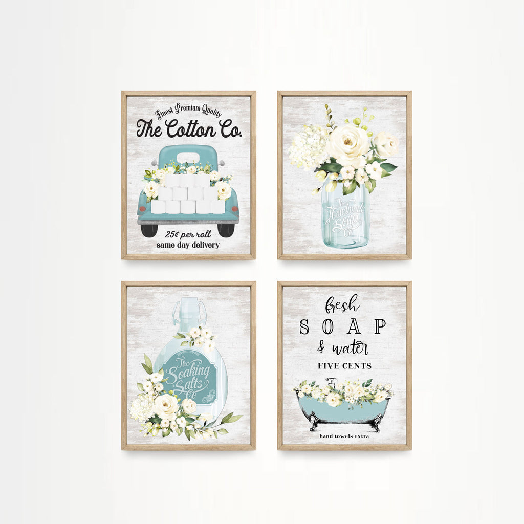 Set of 4 BLUE Bathroom Wall Art: The Cotton Co Truck | Custom Bathroom Wall Decor | Farmhouse Bathroom Decor | Bathroom Signs