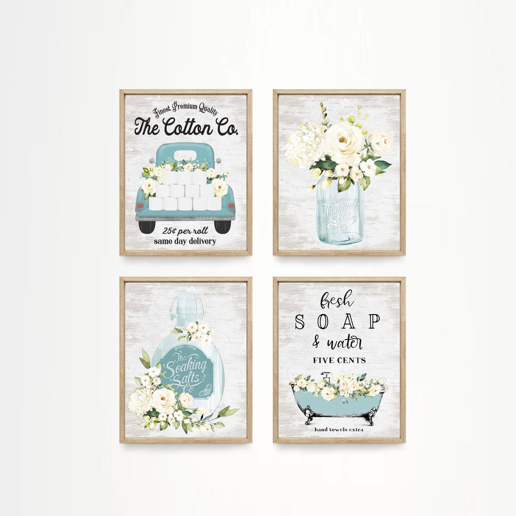 Set of 4 BLUE Bathroom Wall Art: The Cotton Co Truck | Custom Bathroom Wall Decor | Farmhouse Bathroom Decor | Bathroom Signs