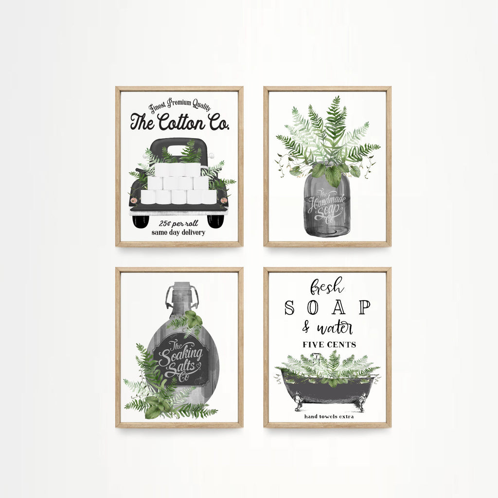 Set of 4 BLACK Greenery Bathroom Wall Art: The Cotton Co Truck | Custom Bathroom Wall Decor | Farmhouse Bathroom Decor | Bathroom Signs