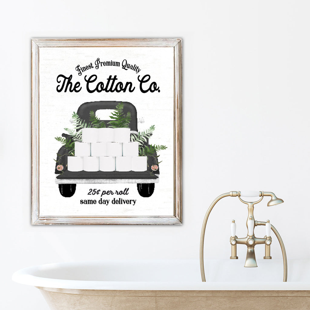 Set of 4 BLACK Greenery Bathroom Wall Art: The Cotton Co Truck | Custom Bathroom Wall Decor | Farmhouse Bathroom Decor | Bathroom Signs