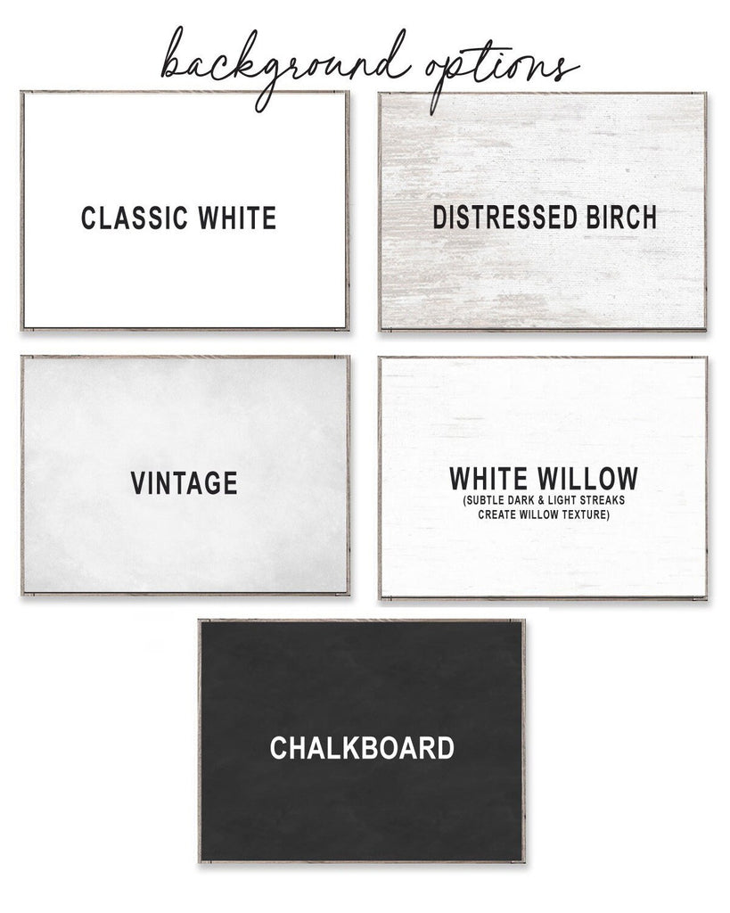 shows examples of the background options including: classic white, distressed birch, vintage, white willow, chalkboard