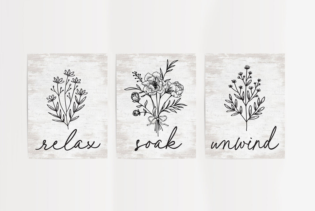 Paper Print Example with distressed birch background | Set of 3 Relax Soak Unwind Floral Bathroom Wall Art | Bathroom Wall Decor | Farmhouse Bathroom | Bathroom Signs | Hand Drawn Vintage Sign | Lettered & Lined | Lettered and Lined
