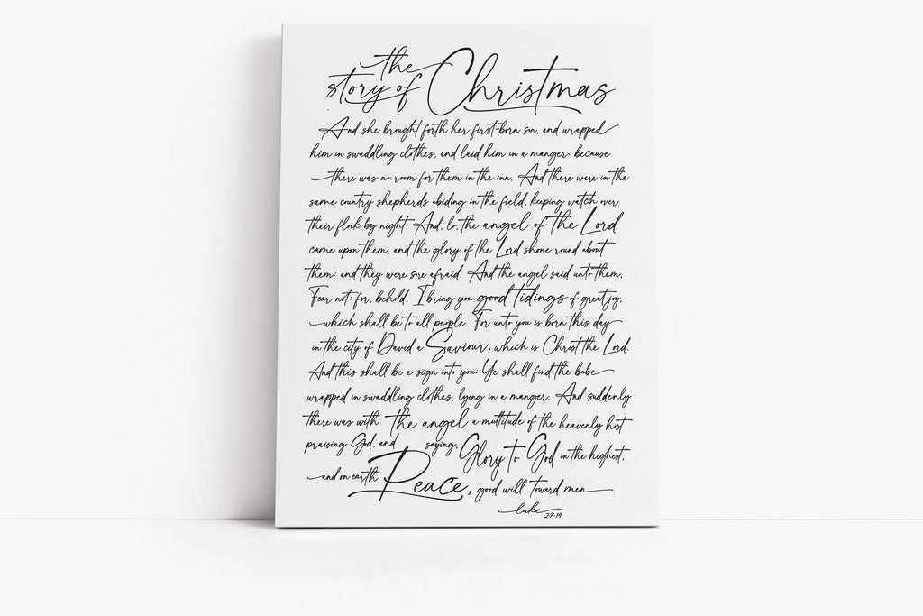 Canavas Sign leaning on wall with white background - The Story of Christmas Luke 2:7-14 Verse Custom Wall Decor | Christmas Wall Art | Christmas Wall Decor | Holiday Wall Decor | Christmas Sign | Lettered & Lined | Lettered and Lined