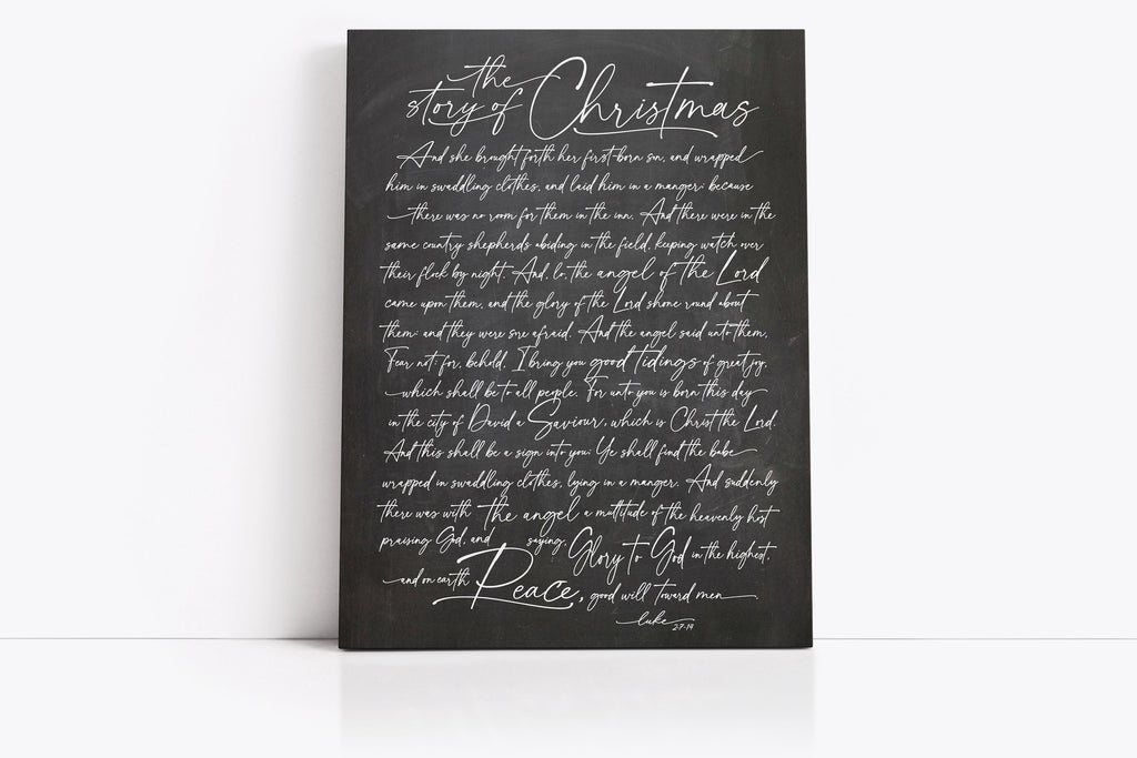 Canavas Sign leaning on wall with chalkboard background - The Story of Christmas Luke 2:7-14 Verse Custom Wall Decor | Christmas Wall Art | Christmas Wall Decor | Holiday Wall Decor | Christmas Sign | Lettered & Lined | Lettered and Lined