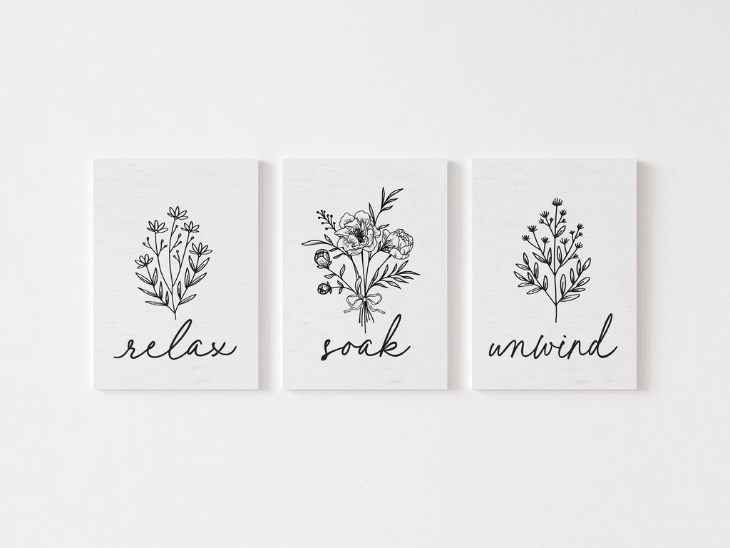 Canvas Sign Example with white willow background | Set of 3 Relax Soak Unwind Floral Bathroom Wall Art | Bathroom Wall Decor | Farmhouse Bathroom | Bathroom Signs | Hand Drawn Vintage Sign | Lettered & Lined | Lettered and Lined