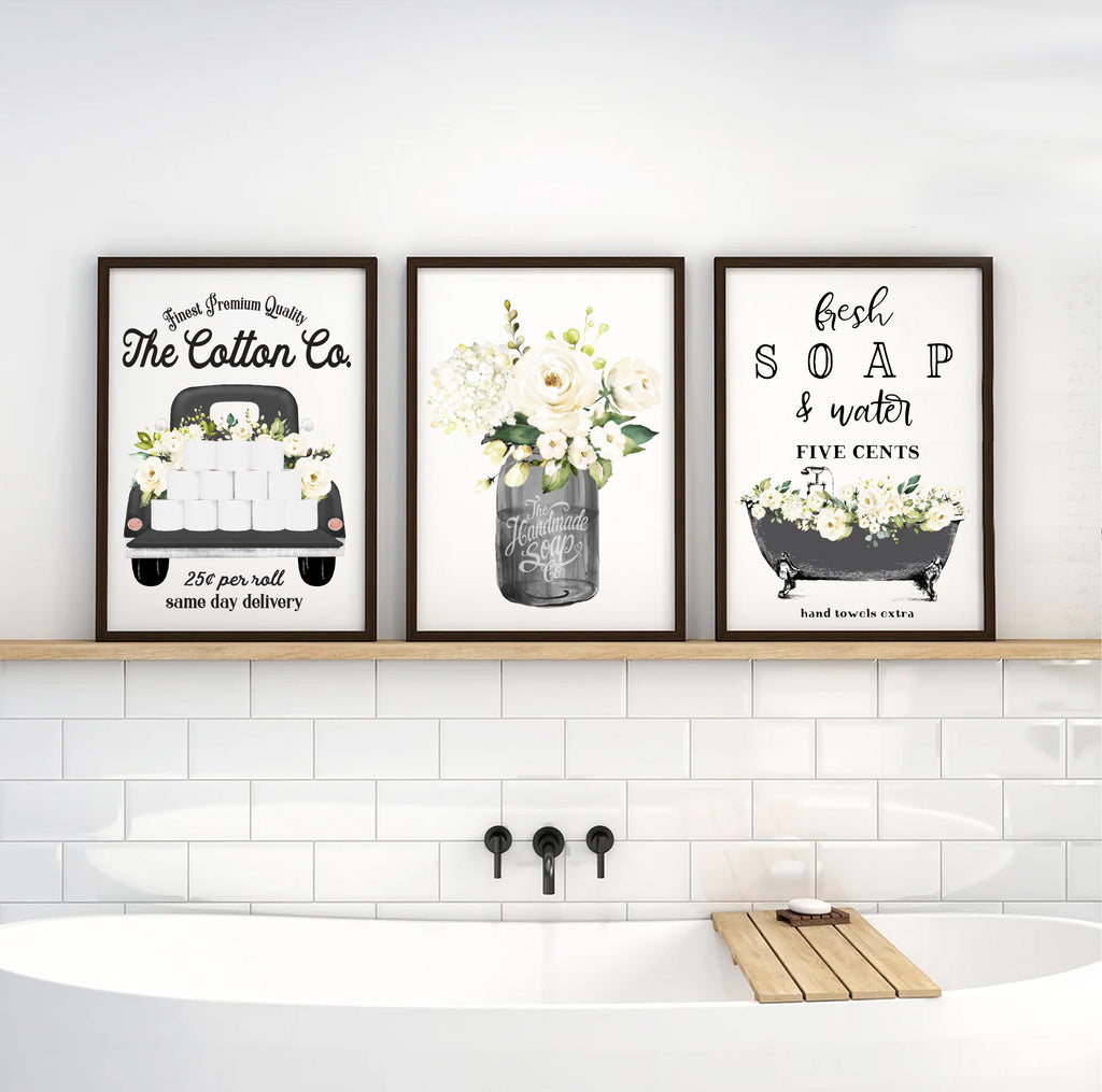 Black & White Bathroom Set of 3 Prints - Lettered & Lined
